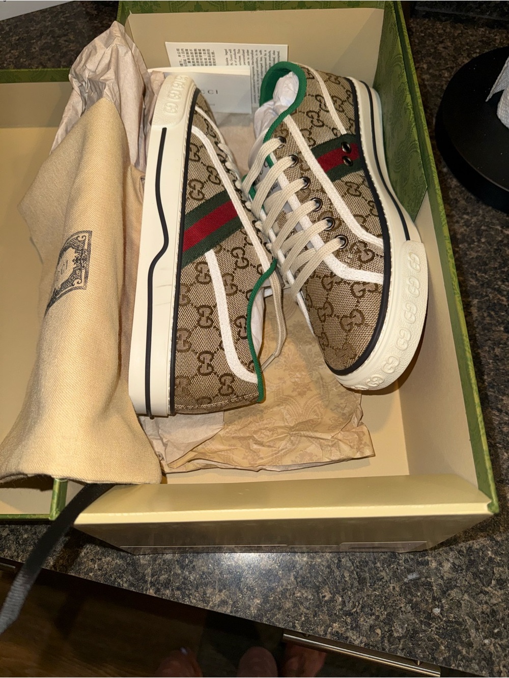 Gucci Women’s GG Supreme Low-Top Sneakers in Beige with Red & Green Web